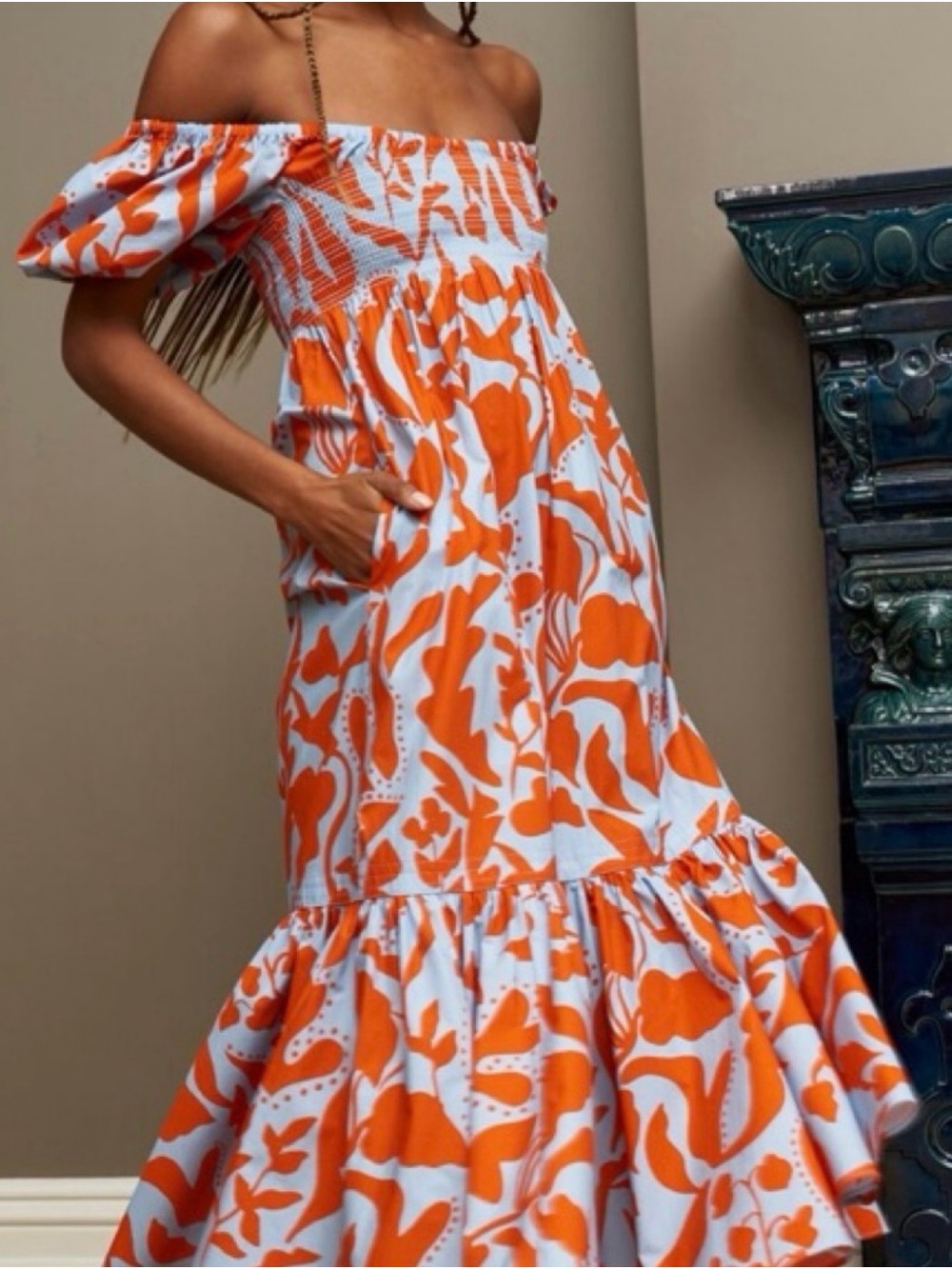 La Ligne Amy Puff Sleeve Smocked Maxi Dress Blue Orange Tangerine Small